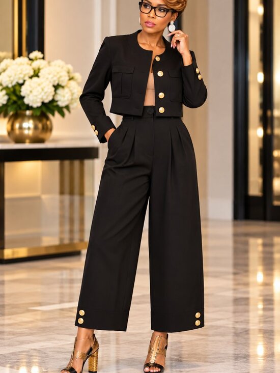 Passion of Essence Pants - Black High Waist Cropped Wide Leg Pants Gold Button Detail Size L 8/10